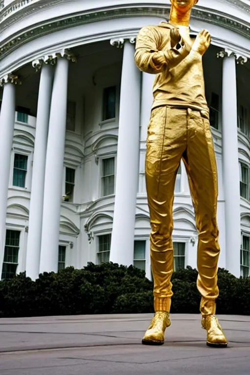 Image similar to A beautiful gold statue of Mark Zuckerberg in front of the White House, photo by Steve McCurry, heroic pose, detailed, smooth, smiling, professional photographer