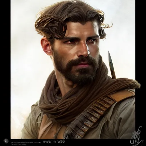 Image similar to Portrait of rugged male ranger, D&D, amber eyes, face, long hair, muscular, fantasy, intricate, elegant, highly detailed, digital painting, artstation, concept art, smooth, sharp focus, illustration, art by artgerm and greg rutkowski and alphonse mucha