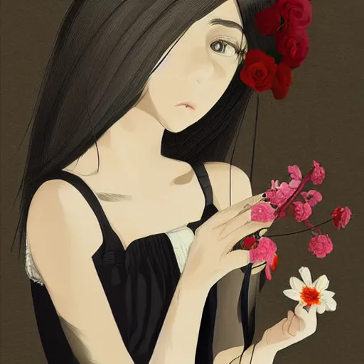 Image similar to little girl with her long black hair dressed in a simple white dress putting flowers on hair, anime art style, digital artwork made by ilya kuvshinov, inspired in balthus