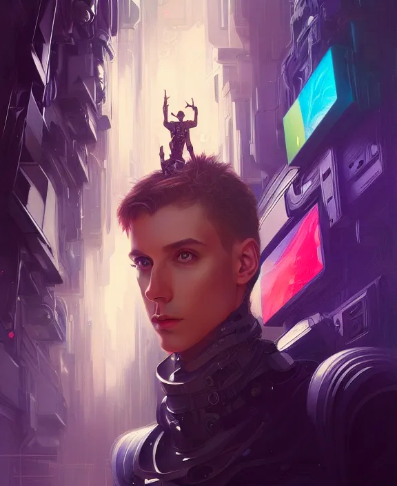 Image similar to a whirlwind inside the metaverse, guy, male, man, hologram, half body, neurochip, android, cyborg, cyberpunk face, by loish, d & d, fantasy, intricate, elegant, highly detailed, colorful, digital painting, artstation, concept art, art by artgerm and greg rutkowski and alphonse mucha