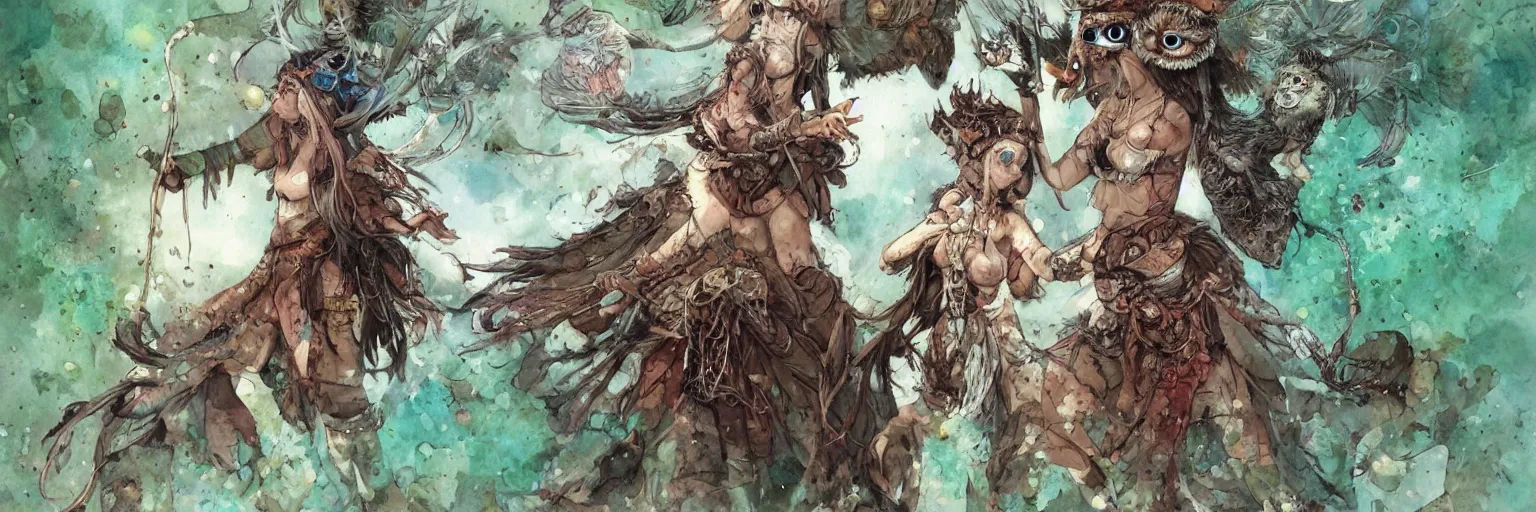 Prompt: plant based warrior monk wearing augmented reality visor and seductive owl sorceress fighting side by side by Jean-Baptiste Monge, post processing, painterly, book illustration watercolor granular splatter dripping paper texture. Trending on artstation, post processing, pen and ink work. sharp focus.