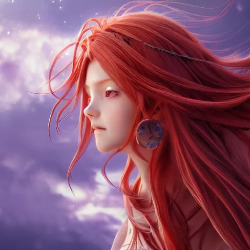 Prompt: a long - red - haired female knight as an absurdly beautiful, elegant, young sensual anime girl, floating in the sky, ultrafine hyperrealistic detailed face illustration by kim jung gi, irakli nadar, intricate linework, sharp focus, bright colors, matte, final fantasy, unreal engine highly rendered, global illumination, radiant light, intricate environment