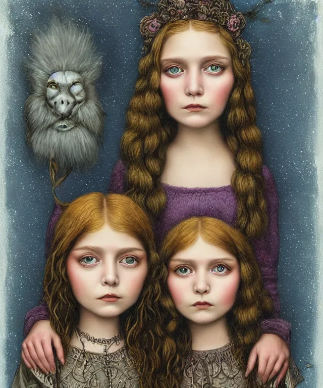 Image similar to epic fantasy portrait of sisters Olsen, lowbrow painting by Mark Ryden