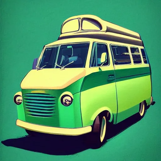 Image similar to retro painting illustration of a volswagen van, 2 d, pastel color, green, yellow, green, retro style art, trendy on artstation