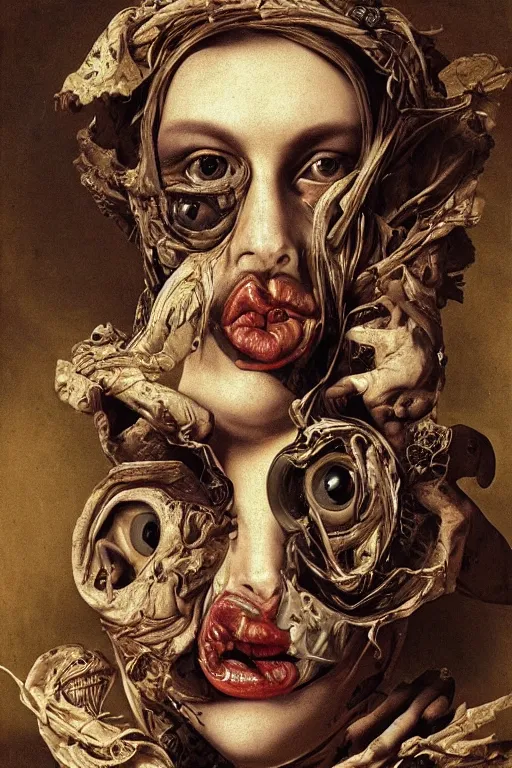 Image similar to Detailed maximalist portrait with large lips and with large wide eyes, surprised expression, surreal extra flesh and bones, HD mixed media, 3D collage, highly detailed and intricate, illustration in the golden ratio, in the style of Caravaggio, dark art, baroque