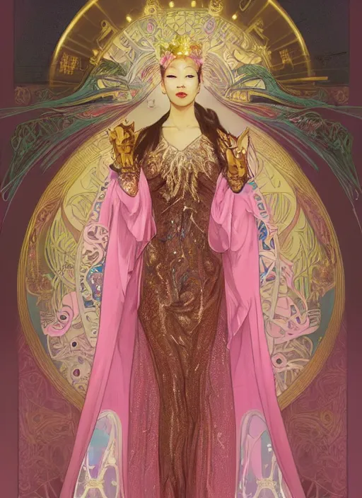 Prompt: Jennie Kim from Blackpink as magical celestial princess wearing luxurious futuristic chic slim pearlescent dress, bright gold eyes, peaceful expression, fantasy, intricate pink and royal blue dress, modeling for Dulce and Gabanna, accurately portrayed, portrait art by James Jean and Alphonse mucha, highly detailed, digital painting, concept art, illustration, multiversal paradise shining rgb luxurious lights, trending on artstation, very detailed, smooth, sharp focus, octane render, close up