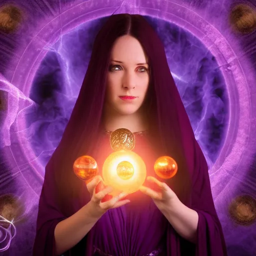 Image similar to a female warlock casting a magic spell, a small floating orb by her side, purpleish aura, d & d, fantasy, magic, hdr, studio lighting, mucha style,