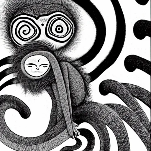 Image similar to surrealist orangutan, manga art, juji ito, style of uzumaki, spiral eyes