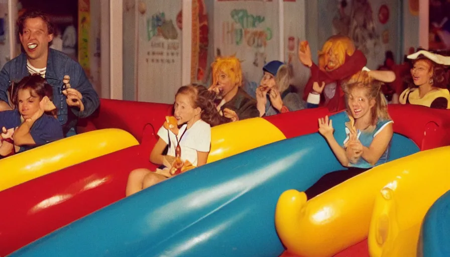 Image similar to 1990s photo of inside the Jello Friends Mouse Slide Show ride at Universal Studios in Orlando, Florida, riding a hotdog through a pizza slime arcade, cinematic, UHD