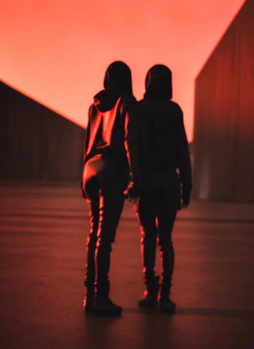 Image similar to cinestill 5 0 d photographic portrait of 2 women holding hands, wearing black techwear in front of a brutalist brushed metal building, closeup, on a desolate plain with a red sky, dystopia, cyberpunk, closeup, depth of field, 4 k, 8 k, hd, full color