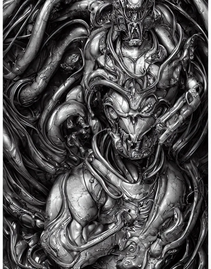 Image similar to engineer prometheus face by Artgerm, xenomorph alien, highly detailed, symmetrical long head, smooth marble surfaces, detailed ink illustration, raiden metal gear, cinematic smooth stone, deep aesthetic, concept art, post process, 4k, carved marble texture and silk cloth, latex skin, highly ornate intricate details, prometheus, evil, moody lighting, hr geiger, hayao miyazaki, indsutrial Steampunk