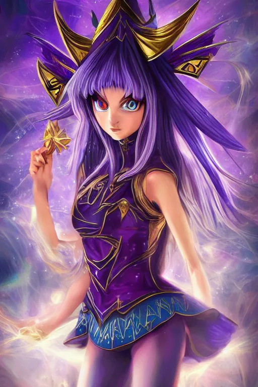 Image similar to dark magician girl from Yu-Gi-Oh, mystical, ultra detailed, digital art, 8k ,character ,realistic, portrait, hyperrealistic