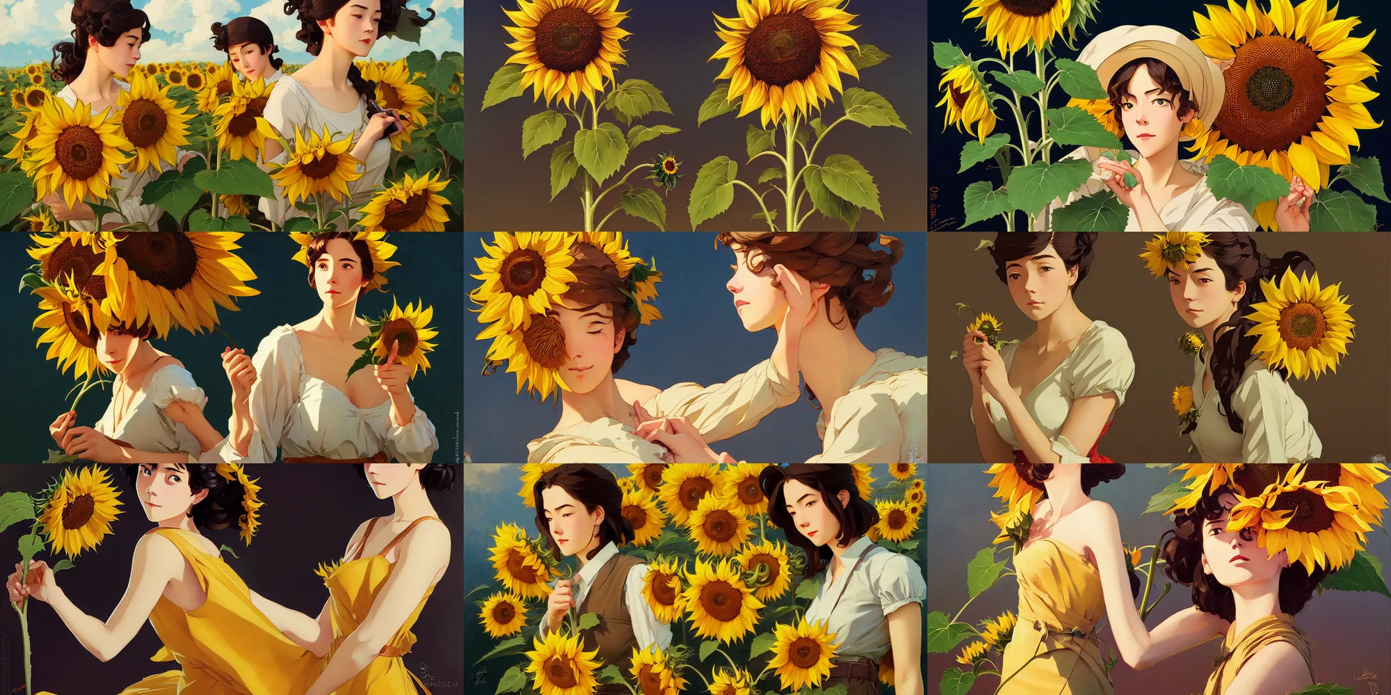 Prompt: sunflower, in the style of studio ghibli, j. c. leyendecker, greg rutkowski, artgerm