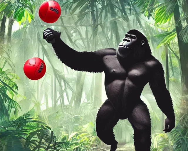 Image similar to a gorilla holding a volleyball and playing volleyball in a jungle, volleyball net, digital illustration, inspired by greg rutkowski and artgerm, high detail