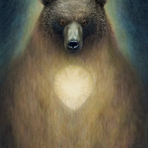 Prompt: bear rabbit hybrid character portrait by jean delville, tom bagshaw, brooke shaden, gustave dore and marco mazzoni, studio ghibli style, porcelain, histological, artificial intelligence, ebony, ivory, geologycal strata, organic, detailed fur, intricate details