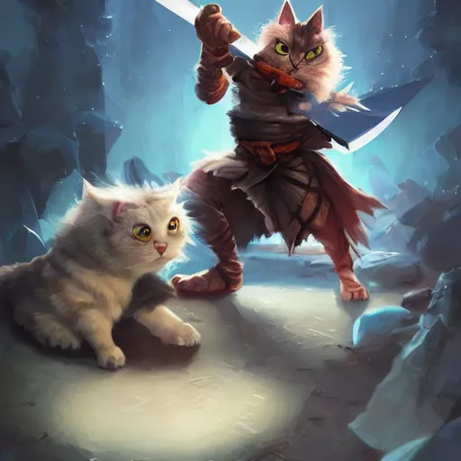 Image similar to cute and fluffy ninja hack'n slash cat fighting with a cool sword, full body, artstation, highly detailed, colorfull, digital painting, deep focus, sharp, smooth, rossdraws, by jason felix by steve argyle by tyler jacobson by peter mohrbacher, cinematic lighting, smooth, sharp focus, hd wallpaper, cinematic