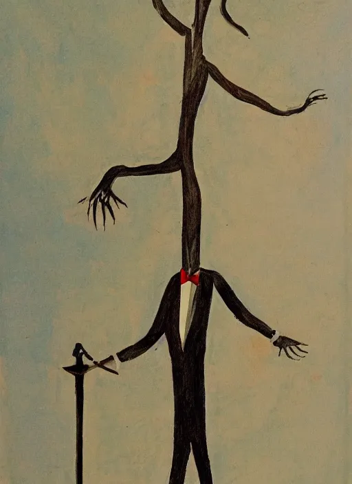 Prompt: painting of a tree person wearing a tuxedo holding two swords in his wooden hands