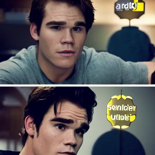 Prompt: kj apa in the same room with walter white, still from breaking bad