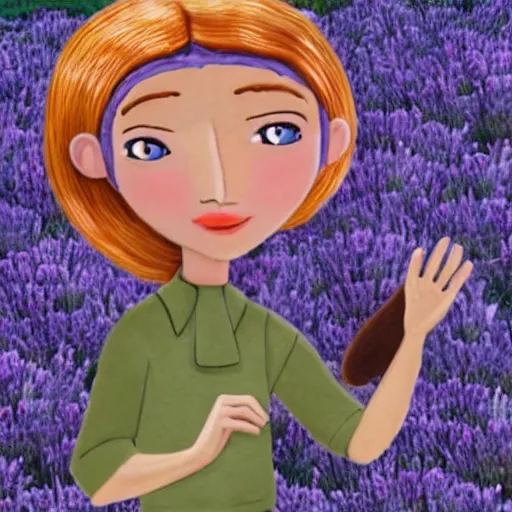 Image similar to angela anaconda reciting poetry in a field of lavender, in the style of arthur adams