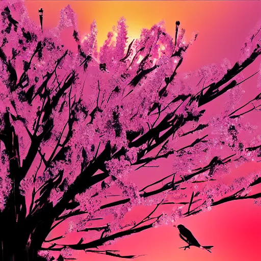 Image similar to birds on cherry tree, Changelingcore, serene, graceful, sunset photo at golden hour, Kodachrome, digital painting