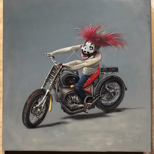 Prompt: a realistic painting of a clown performing a motorcycle stunt by Santiago Caruso, H 1024 W 1024