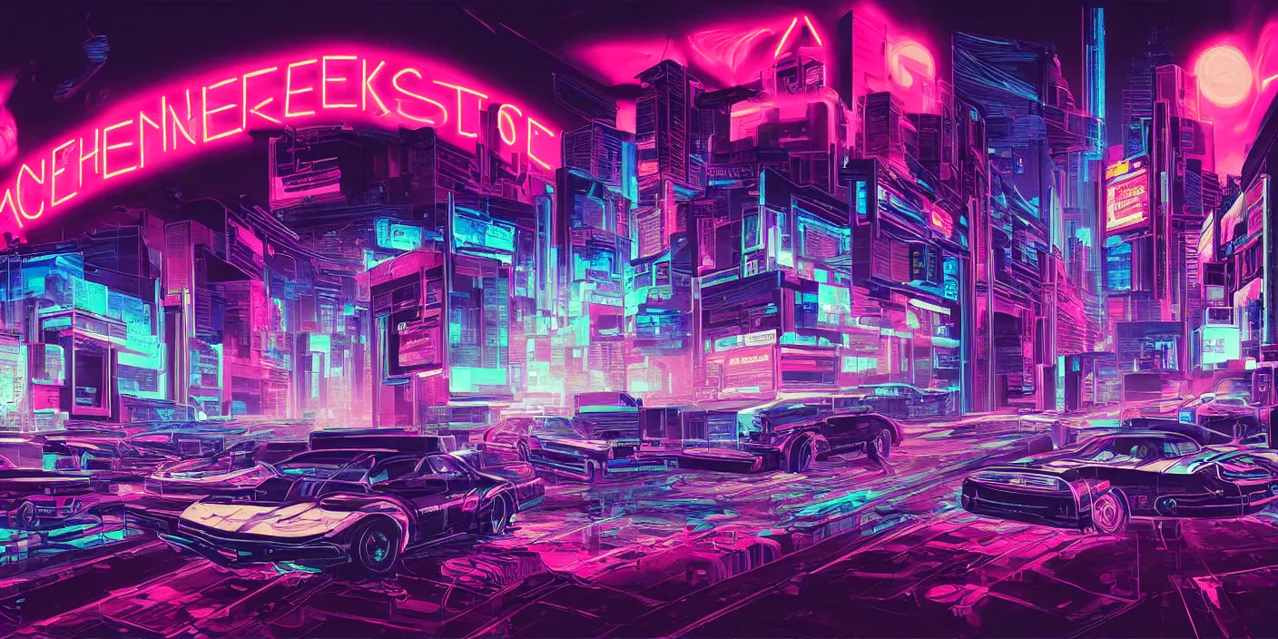 Prompt: the school of athenes iconic paiting, cyberpunk, synthwave, outrun, neon, hyper detailed