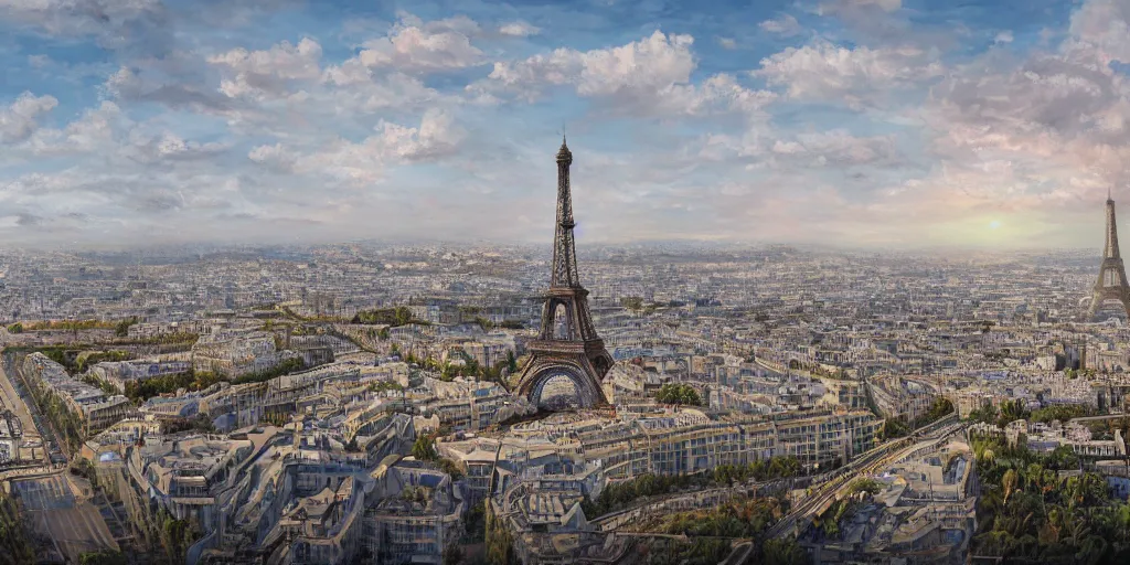 Image similar to the beautiful city of paris rebuilt near the ocean in sunny california, beach view, palm trees, splendid haussmann architecture, wonderful eiffel tower, digital painting, highly detailed, intricate, concept art, matte painting, trending on artstation