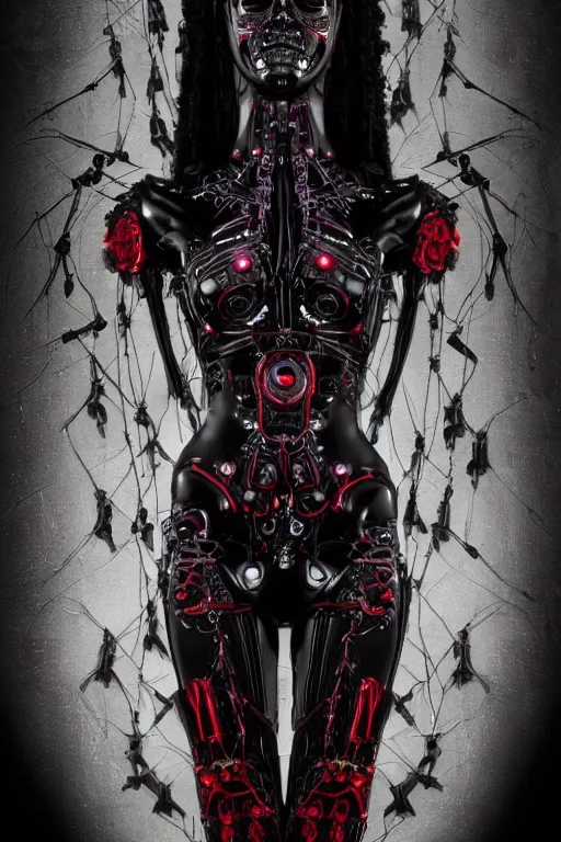 Image similar to full-body cyberpunk style sculpture of a young beautiful dark priestess, half android with a head opening exposing circuitry, glowing red eyes, black roses, flowing blood-red colored silk, fabric, candles, baroque elements, human skulls. full-length view. baroque element. intricate artwork by Caravaggio. crows flying in background. Trending on artstation. cinematic lighting from the right. hyper realism, octane render, 8k, depth of field, 3D