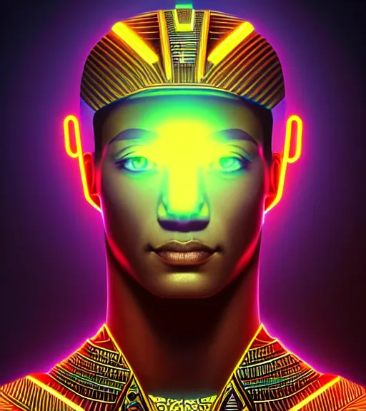 Image similar to symmetry!! egyptian god of technology, solid cube of light, hard edges, product render retro - futuristic poster scifi, lasers and neon circuits, brown skin handsome egyptian god, intricate, elegant, highly detailed, digital painting, artstation, concept art, smooth, sharp focus, illustration, dreamlike, art by artgerm