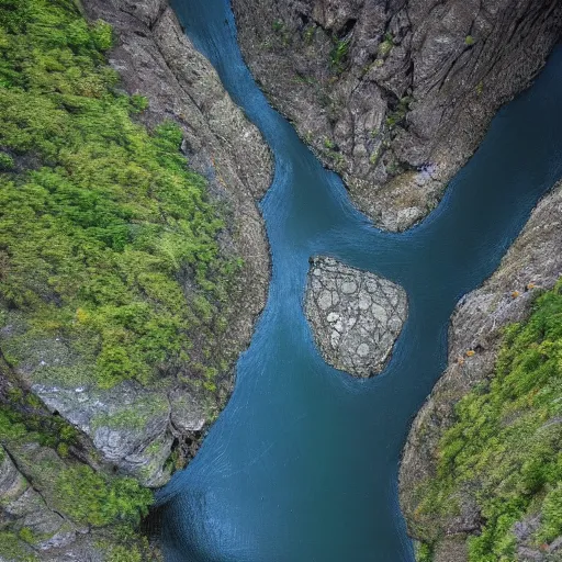 Image similar to looking down into a deep river gorge, photorealistic, 4 k, octane, trending on artstation