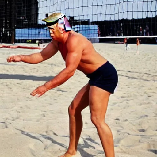 Prompt: extremely buff Donald Trump playing beach volleyball with women,