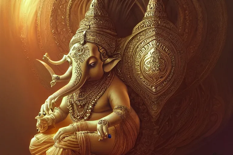 Image similar to rhodium ganesha, mandala, fantasy, intricate, elegant, highly detailed, digital painting, artstation, concept art, matte, sharp focus, illustration, art by artgerm and greg rutkowski and alphonse mucha