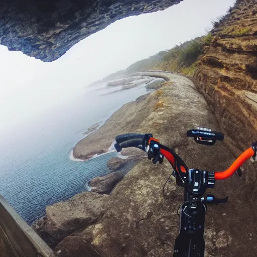 Prompt: POV bicycle: on a rocky path, Rider's first person holding the handlbars, point of view, GoPro, high 8k quality! entering the scary murky ocean, Fog. Ultrarealistic