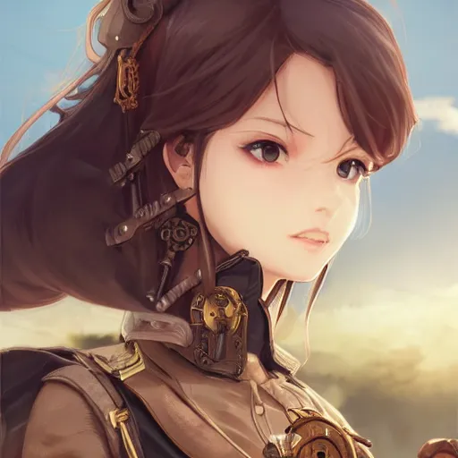 Prompt: girl with steampunk weapons and uniform, serious, finely detailed, made by wlop, artgerm, full body portrait, illustration, grass, sunny, sky, anime, side view, perfect anime face, detailed face, zoomed out, smooth,