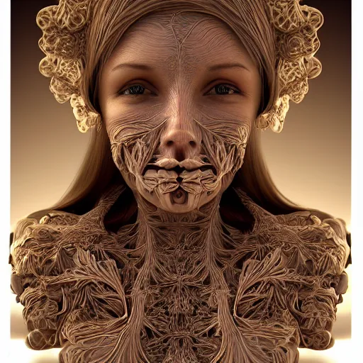 Image similar to beatifull frontal face portrait of a woman, 150 mm, anatomical, flesh, flowers, mandelbrot fractal, facial muscles, veins, arteries, symmetric, intricate, golden ratio, full frame, microscopic, elegant, highly detailed, ornate, ornament, sculpture, elegant , luxury, beautifully lit, ray trace, octane render in the style of peter Gric , alex grey and Romero Ressendi