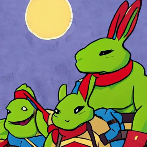 Image similar to teenage mutant ninja rabbits, heroes with a cotton tail!