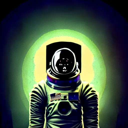 Image similar to full-body dark creepy gothic illustration realism a decapitated astronaut with futuristic elements. he welcomes you under with no head, empty helmet inside is occult mystical symbolism headless full-length view. standing on ancient altar eldritch energies lighting forming around disturbing frightening intricate renaissance, award winning digital illustration hyper realism, 8k, depth of field, 3D