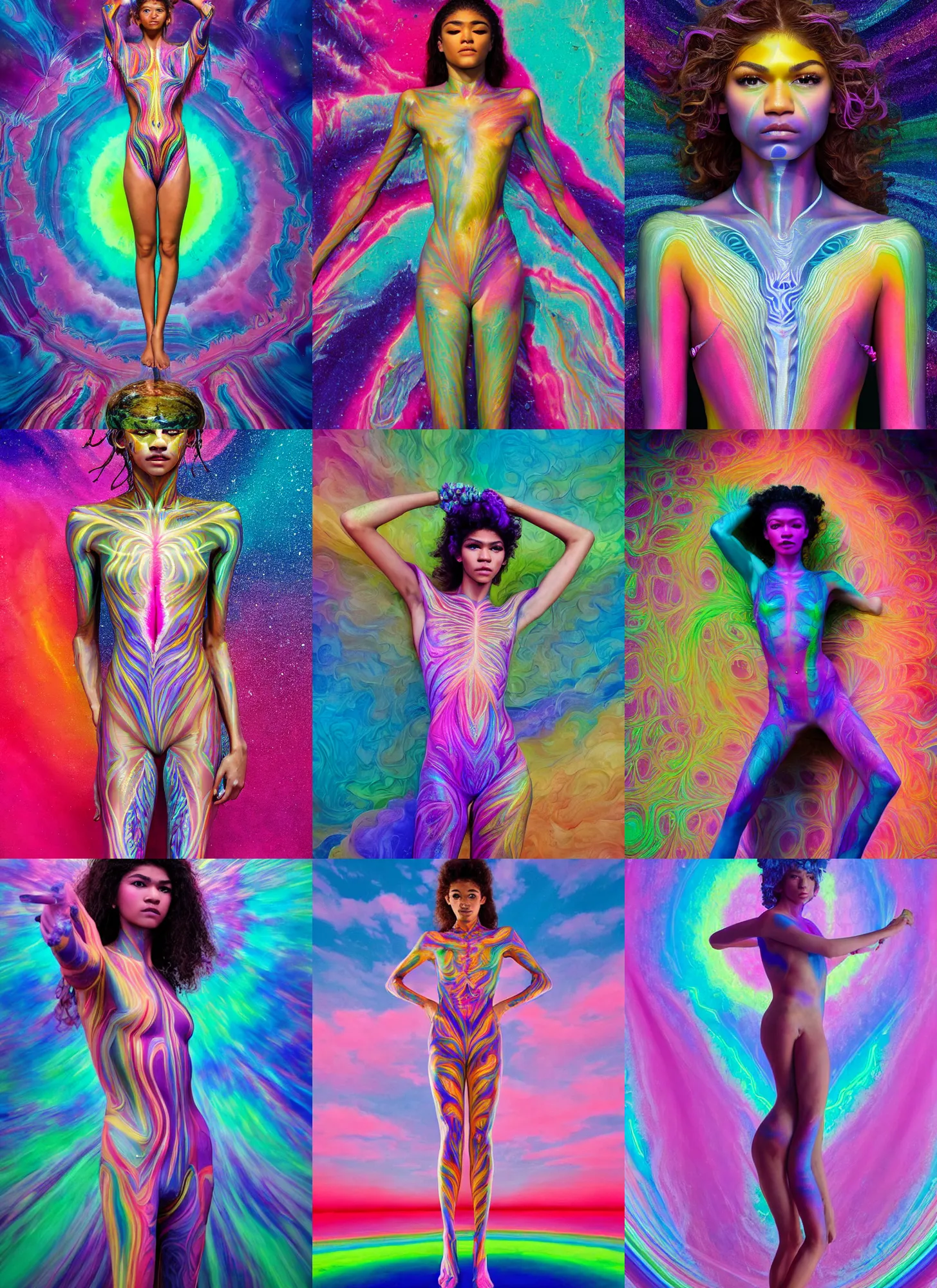 Prompt: full body Zendaya by Jean-Baptiste Carpeaux and Luo Li Rong and Michael James Talbot as goddess, all body, floating in space. perfect symmetrical face, colorful, psychedelic colors, fractals, fresh rainbow bodypainting, synthwave, in full growth, elegant, realistic, 8K, female full-skin figure, hyperrealism, subsurface scattering, raytracing, rim light, Octane Render, Redshift, Zbrush, Alex Grey, mandelbulb 3d, Zdzisław Beksiński, complex psychedelic glitch background