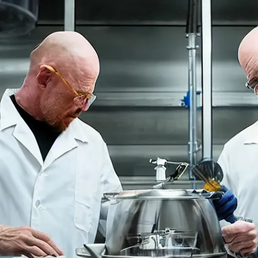 Image similar to elon musk and walter white cooking meth in a laboratory, amazing detail, detailed faces, sharp, 8k