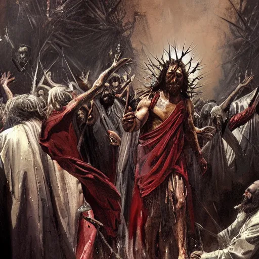 Prompt: painting of Jesus descending into hell in the style of Dante's Inferno, surrounded by a vivid silver light, flowing royal robes with goly inlay, crown of thorns spotted with blood upon his head, stern expression with a chiseled jaw and fiery eyes, by Jeremy Mann, stylized, detailed, realistic, loose brush strokes, intricate, beautiful