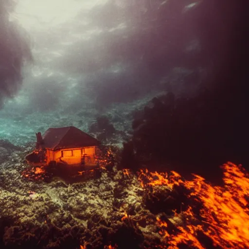 Prompt: photo of a burning house underwater, cinematic