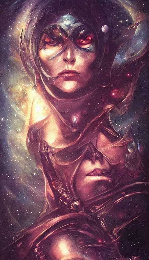 Image similar to portrait of female space pirate, night sky background, beautiful! coherent! by brom, by brian froud, deep color, strong line, high contrast