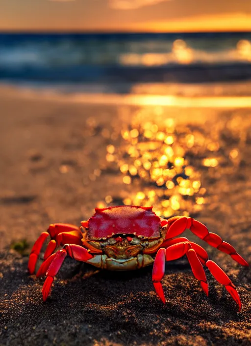 Image similar to a happy crab holding a beer in a beach, golden hour, bokeh, 4k