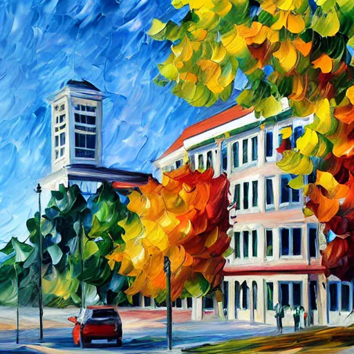 Prompt: young building, camosun college, in victoria bc, painted by leonid afremov