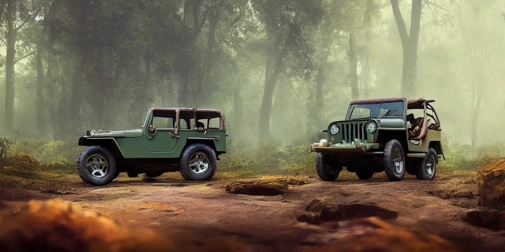 Image similar to willys jeep, in kerala forest road, chasing action scene, an epic fantasy, dramatic lighting, cinematic, establishing shot, extremely high detail, photorealistic, cinematic lighting, matte painting, artstation, by simon stalenhag, horizon forbideen west