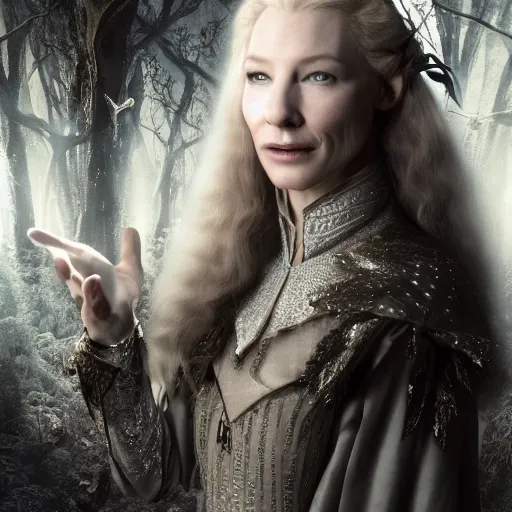 Prompt: portrait of mischievous, enigmatic!!, dangerous young Galadriel (Cate Blanchett) as a queen of elves, dressed in a refined silvery garment. The background is a dark, chilling eastern european forrest. night, horroristic shadows, higher contrasts, (((lumnious))), theatrical, character concept art by ruan jia, (((thomas kinkade))), and J.Dickenson, trending on Pinterest, ArtStation