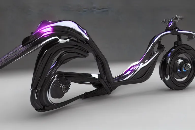 Image similar to cyberpunk alien concept inspired bike, futuristic look, highly detailed body, very powerful, photorealistic camera shot, bright studio setting, studio lighting, crisp quality and light reflections, unreal engine 5 quality render