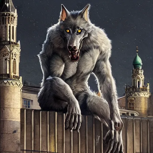 Image similar to werewolf sitting on lviv city hall, portrait, highly detailed, full body, digital painting, trending on artstation, concept art, sharp focus, illustration, art by artgerm and greg rutkowski and magali villeneuve