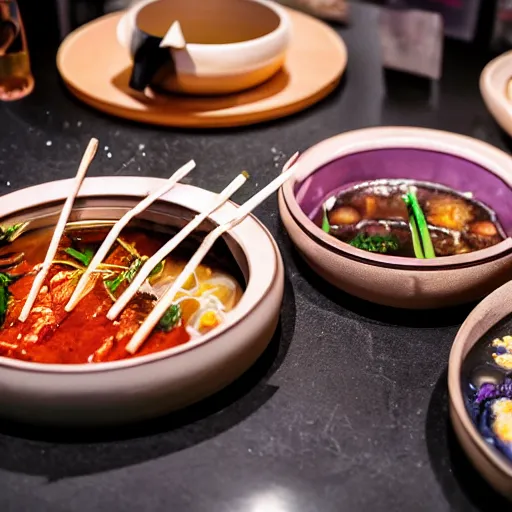 Image similar to high - end hot pot restaurant serving unicorn meat