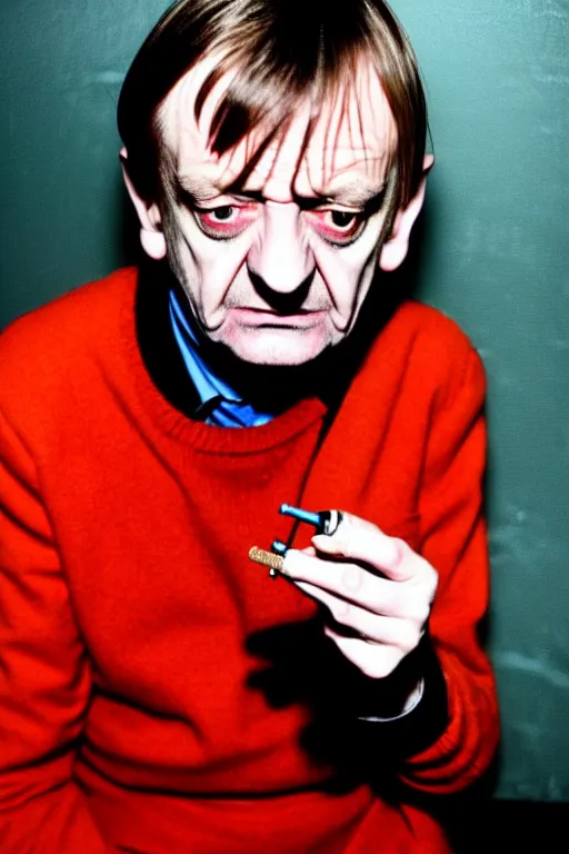 Image similar to highly detailed full colour photo of Mark E Smith, smoking a cigarette